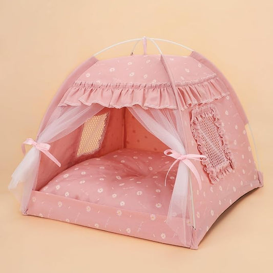 Selena Cat Bed Tents Dog House Indoor Outdoor Lace Mesh Breathable Windows Door Curtains Removable Portable Nest Teepe House (Small,Pink(Ruffled Teim))