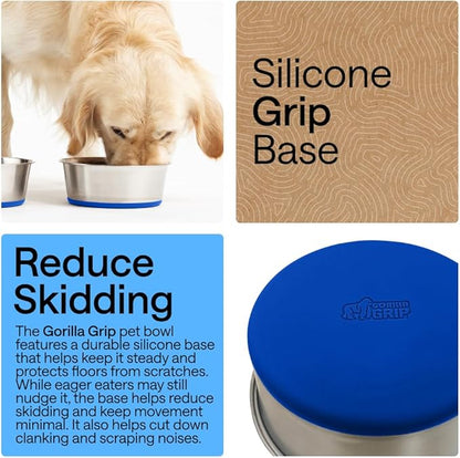 GORILLA GRIP Dog Bowls, Heavy Duty 304 Stainless Steel, Holds 8 Cups Each (64 fl oz) Food and Water Bowl for Feeding Dogs and Cats, Dishwasher Safe, Rust Resistant, BPA Free Rubber Base Set of 2 Blue