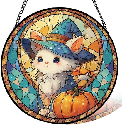 Stained Glass Window Hanging， Cat Tree Moon 11.8in Sun Catchers Indoor Window， Core Decor Inside and Outside The Cottage， Gifts for Women， Black Cat Silhouette Autumn Tree Decor