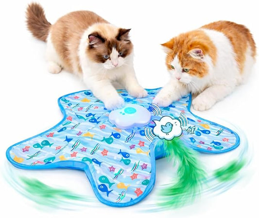 Rotating Interactive Cat Toys with Squeaker for Interactive Playing, Anxiety Relief Boredom Rechargeable Automatic Moving Concealed Feathers Toys Touch Activated for Indoor Adult Cats and Kittens