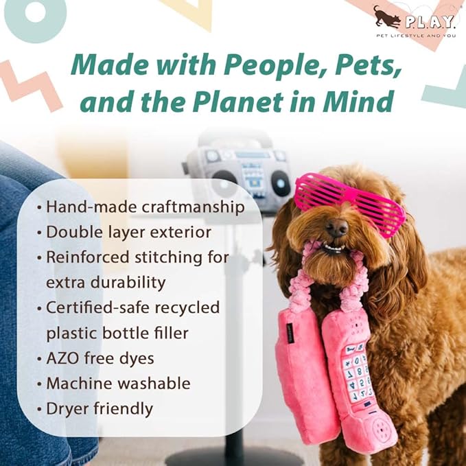 P.L.A.Y. Cute Plush Dog Toys - 1980s Classics Themed Durable Squeaker Chew Toy, Great for Puppies & Small, Medium, Large Dogs - Machine Washable, Recycled Materials (Paw Talk Pink Corded Telephone)