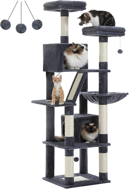 MUTTROS Cat Tree, 70.9-inch Large Cat Tower with 2 Condos, 2 Top Perches, Hammock & 6 Scratching Posts for Indoor Cats, Dark Gray