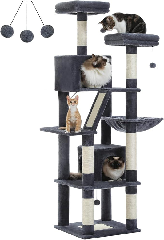 MUTTROS Cat Tree, 70.9-inch Large Cat Tower with 2 Condos, 2 Top Perches, Hammock & 6 Scratching Posts for Indoor Cats, Dark Gray