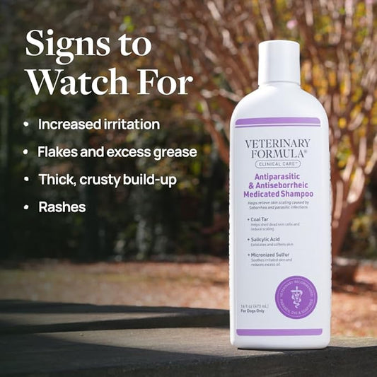 Veterinary Formula Clinical Care Antiparasitic & Antiseborrheic Medicated Dog Shampoo - Helps Support Healthy Skin and Coat, Soothes Flaky, Dry, Greasy Skin - 16 oz (Pack of 2)