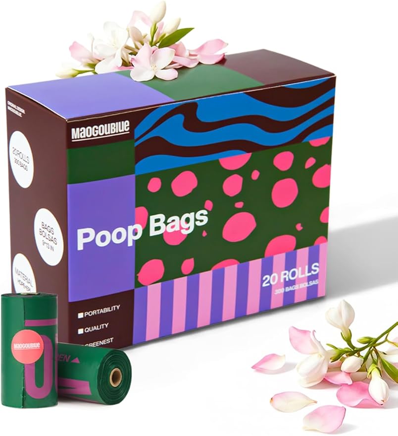 Dog Poop Bags Rolls - 300 Counts Leak Proof & Extra Thick, 20 Rolls Jasmine Scented Pet Poop Bags for Dogs, Doggie Waste Bag for Walking, Travel, Home 9 x 13 Inches (Green)