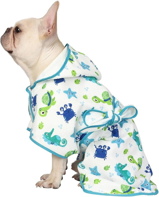 HDE Dog Bathrobe Super Absorbent Quick Drying Puppy Towel Wrap Coat Adjustable After Bath Robes with Hood for Dog Sizes S-XXL Sea Animals S