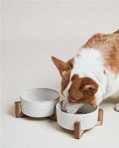 Dog Bowls Ceramic for Small Medium Dogs - 3-Cup Dual Food & Water Bowl Set with Acacia Wood Stand, Non-Slip Anti-Tip Elevated Design