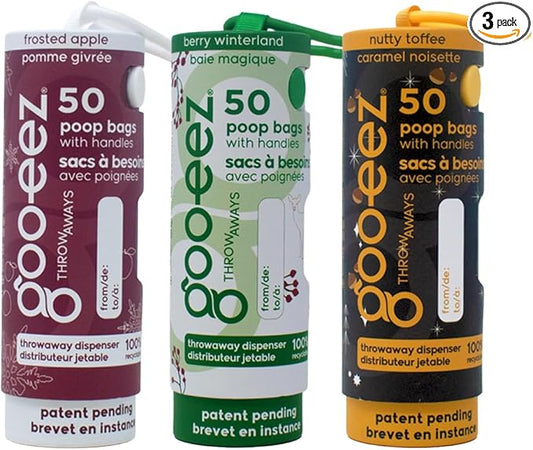 GOO-EEZ Disposable Pet Waste Bag Dispenser 3-Pack (150 ct), Pre-Loaded with 65% Recycled Dog Poop Bags with Easy-Tie Handles, No Refills Needed Twist-and-Pull Design - Holiday Collection