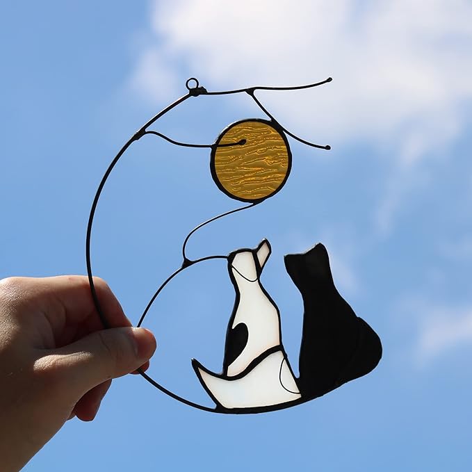 Dog and Cat Friendship Decor Stained Glass Window Hanging,Pet Memorial Gifts Suncatcher for Window,Black Cat Themed Gifts for Cats Lovers,Dog Lovers Giftss for Women