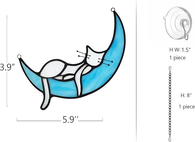 Sleeping White Cat on Moon Stained Glass Window Hangings,Cats Decor Cat Memorial Gifts for Cats Lovers,Suncatcher for Kitchen Bedroom Birthday Gift for Mom Grandma Aunt