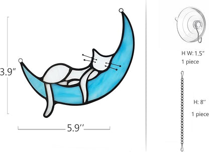 Sleeping White Cat on Moon Stained Glass Window Hangings,Cats Decor Cat Memorial Gifts for Cats Lovers,Suncatcher for Kitchen Bedroom Birthday Gift for Mom Grandma Aunt