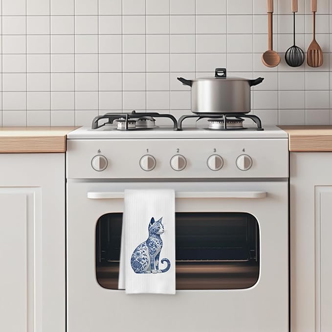 Blue and White Chinoiserie Floral Cat Kitchen Towel, Vintage Floral Cat Hand Towel Dish Towel, Kitten Women Mom Lady Gifts, 16x24 Inch