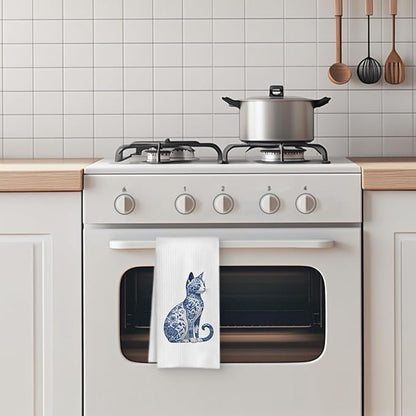 Blue and White Chinoiserie Floral Cat Kitchen Towel, Vintage Floral Cat Hand Towel Dish Towel, Kitten Women Mom Lady Gifts, 16x24 Inch
