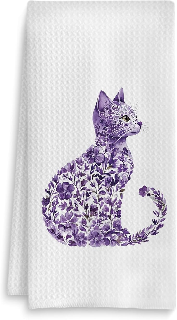 Purple Floral Cat Kitchen Towels, Cat Lovers Mom Lady Gifts Hand Towels for Bathroom, Kitty Kitten Dish Tea Towels for Kitchen Decor, 16x24 Inch