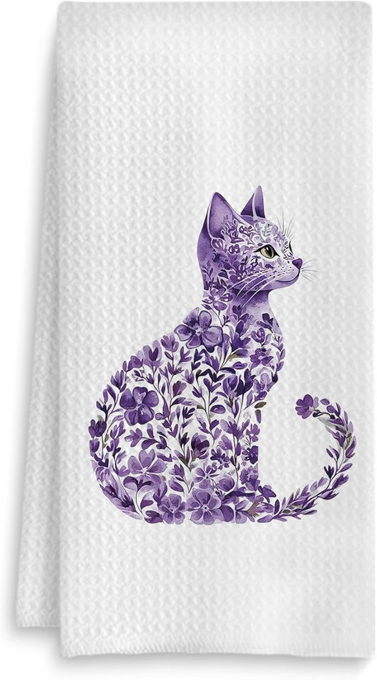 Purple Floral Cat Kitchen Towels, Cat Lovers Mom Lady Gifts Hand Towels for Bathroom, Kitty Kitten Dish Tea Towels for Kitchen Decor, 16x24 Inch