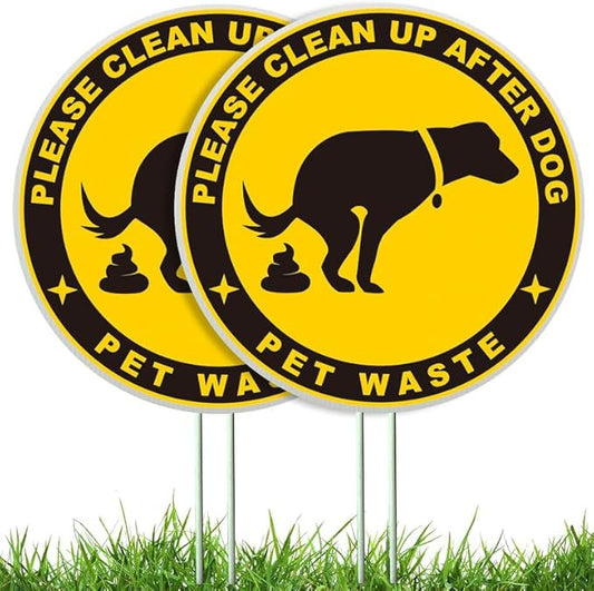 DorDor & GorGor 2-Pack Clean Up After Your Dog Yard Sign | No Pooping Yard Signs | with Stakes, White Board, Round, Diameter 10 inch, 4mm Corrugated Plastic | Double Side Print