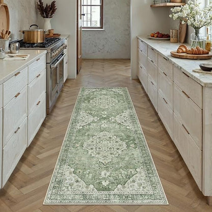 Green Runner Rug 2x6 Washable Vintage Long Carpet Low Pile Traditional Distressed Retro Accent Indoor Hallway Throw Rug Non Slip for Kitchen Laundry Bathroom Dining Room