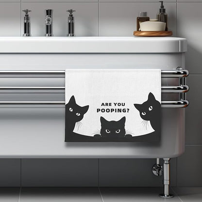 Quick-Drying Humorous Bathroom Hand Towel with Playful Black Cat Design - Quirky 'are You Pooping' Inspired Artwork Decorative Towel for Bathroom, Funny Feline Lover Gifts for Cat Ladies