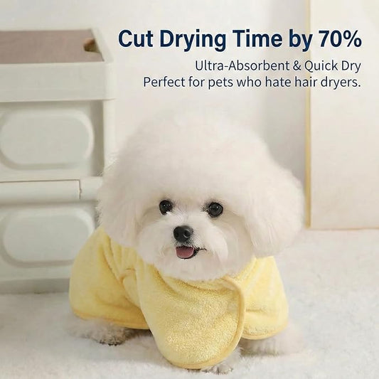 Dog Bathrobe Super Absorbent Towel for Small Dogs Cats Fast Drying Dog Robe Coat with Hood Puppy Cat Bath Towel Wrap Pet Grooming Supplies After Shower (Yellow,S)