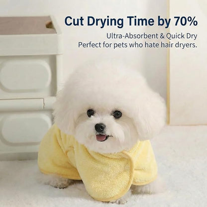 Dog Bathrobe Super Absorbent Towel for Small Dogs Cats Fast Drying Dog Robe Coat with Hood Puppy Cat Bath Towel Wrap Pet Grooming Supplies After Shower (Yellow,XS)