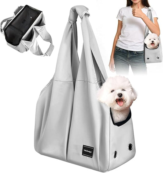 Dog Purse Carrier, Small Dog Cat Puppy Outdoor Portable Bag, Foldable Breathable 3‑Speed Zipper Access Pet Travel Bag with Large-Capacity Pockets, 15 lbs Capacity,Grey