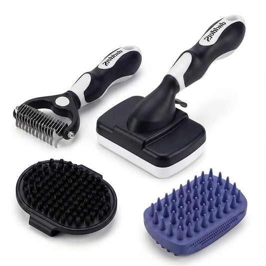 4PCS Self Cleaning Slicker Brush, Pet Grooming Rake, Bath Brush & Massage Brush for Short/Long Haired Dogs, Cats & Horses, Pet Grooming Deshedding Tools - Pet Supplies (White Black)