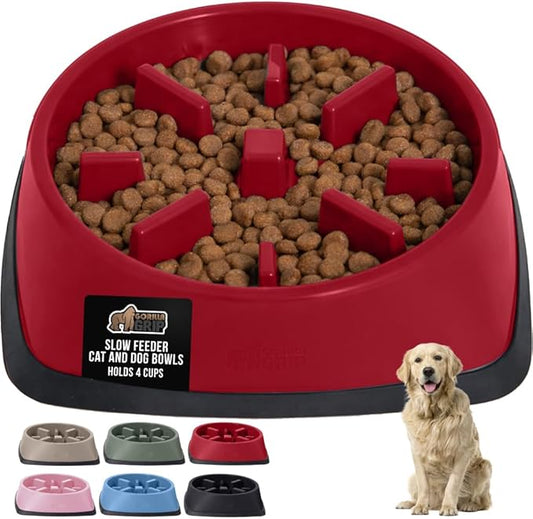 GORILLA GRIP Patented BPA Free Slow Feeder Dog Bowls, 4 Cup Interactive Puzzle Toy for Dogs and Cats Food Training Enrichment, Keeps Pets Busy and Prevents Puppy Overeating, Large Breeds, Red