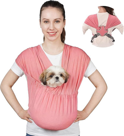 Supet Dog Sling Carrier for Small Pets, Hands Free Front Cat Sling, Reducing Back Neck Pain Anti-Anxiety, Adjustable Soft Carrying (Pink, Plus)