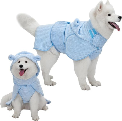 Dog Bathrobe Towel Wrap, Hooded Double Layer Super Absorbent Dog Drying Coat, Adjustable Warm Bath Robe for Cold Weather, Beach, Pool, Fast Drying Towels for Large Medium Dogs,Blue,L