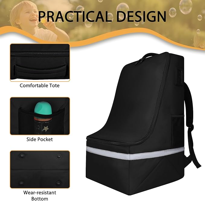 LARIPOP Car Seat Travel Bag for Airplane Gate Check Approved, Padded Backpack with Adjustable Straps, Reflective Strips & Protective Feet for Infant Convertible Booster Seats, Black