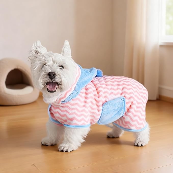 Color Block Absorbent Pet Bathrobe, Soft Bath Towels Hooded Robe for Dogs and Large Cats, Puppy Washable Adjustable Belly Strap Fast Drying Coat, 1 Piece