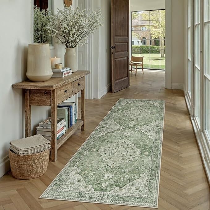 Green Runner Rug 2x6 Washable Vintage Long Carpet Low Pile Traditional Distressed Retro Accent Indoor Hallway Throw Rug Non Slip for Kitchen Laundry Bathroom Dining Room