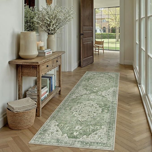 Green Runner Rug 2x6 Washable Vintage Long Carpet Low Pile Traditional Distressed Retro Accent Indoor Hallway Throw Rug Non Slip for Kitchen Laundry Bathroom Dining Room