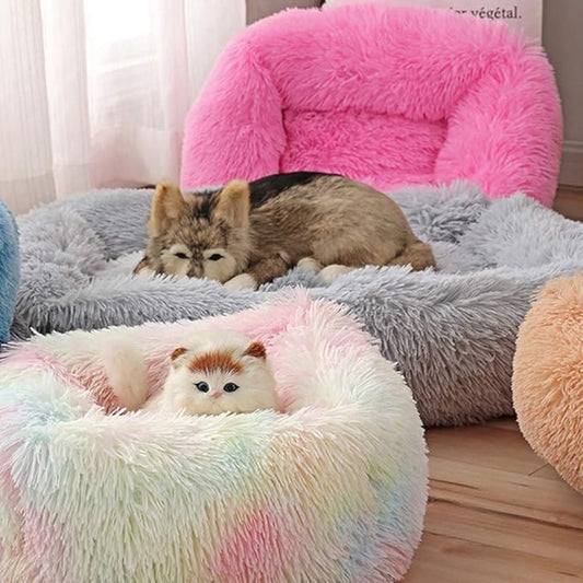 La La Pet® Donut Dog Cat Bed Cozy Cave Pet Bed Burrow Dog Bed Calming Cuddler Self-Warming Pet Bed Soft Plush Pet Cushion Improved Sleep for Cats Small Medium Dogs Red M
