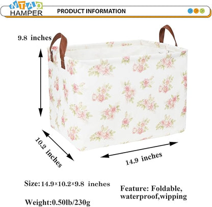 Rectangular Pink Flower Basket for Girls, Storage Bin with Handles, Room Decor, Gift Basket(Pink Flower)