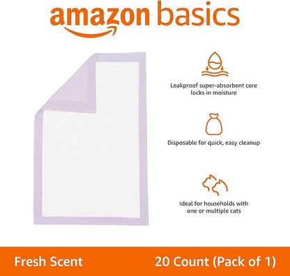 Amazon Basics Cat Litter Pee Pads, Odor Control with Fresh Scent, Super Absorbent, Multi Cat, Disposable, Universal Fit for Litter Box, Purple, 20 Count