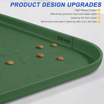 Silicone Pet Feeding Mat with Raised Edge for Food and Water, Dog Bowl Mats, Cat Bowls Placemat with High Lip for Floor Waterproof, Rubber Tray for Cats and Dogs 24 x 16 x0.8 Dark Olive