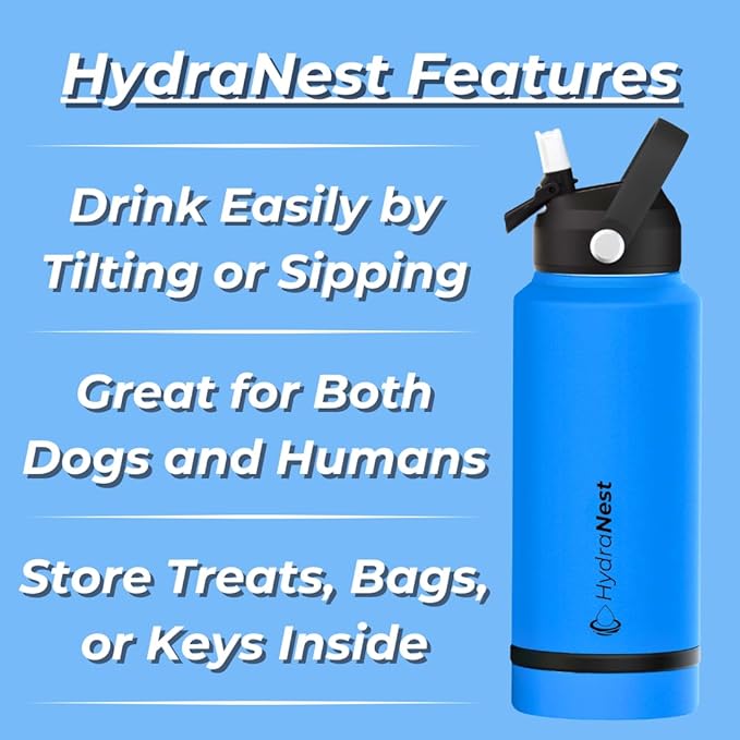HydraNest Dog Water Bottle 32oz - Insulated Portable Pet Hydration for Beach & Camping - Travel Bowl Included - Thoughtful Gift for Pet Parents and Animal Lovers