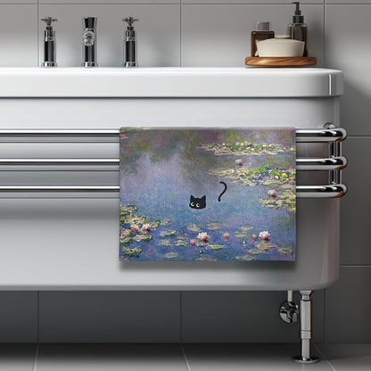 Black Cat Kitchen Towels - Quick-Dry Decorative Hand Towel for Art Enthusiasts & Cat Lovers | Vintage Masterpiece Water Lilies Dish Towels for Whimsical Home Accent,Unique Christmas Home Decorations