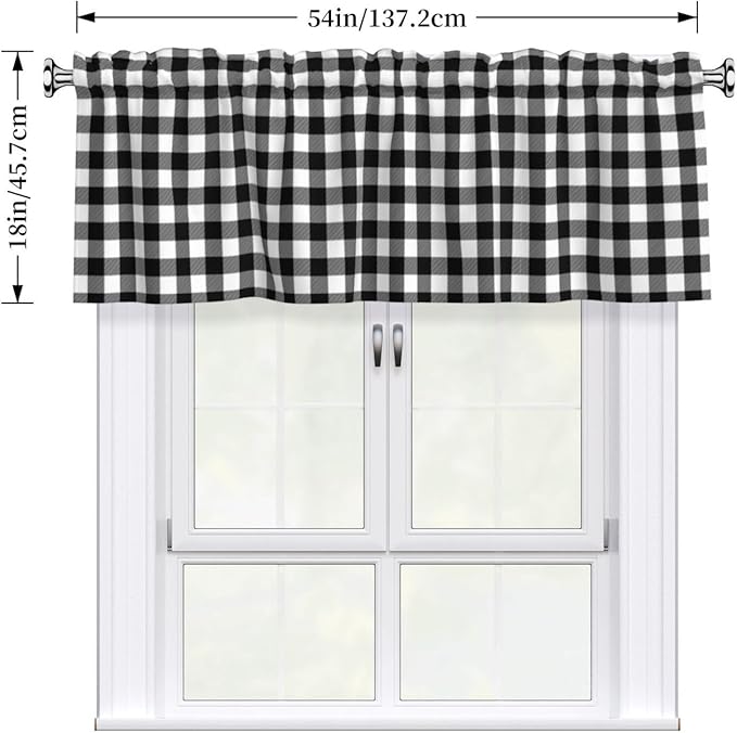 Black and White Checkerboard Curtain Valance Short Rod Pocket Window Treatment for Living Room Bedroom Kitchen Bathroom 1 Panel 54" W x 18" L