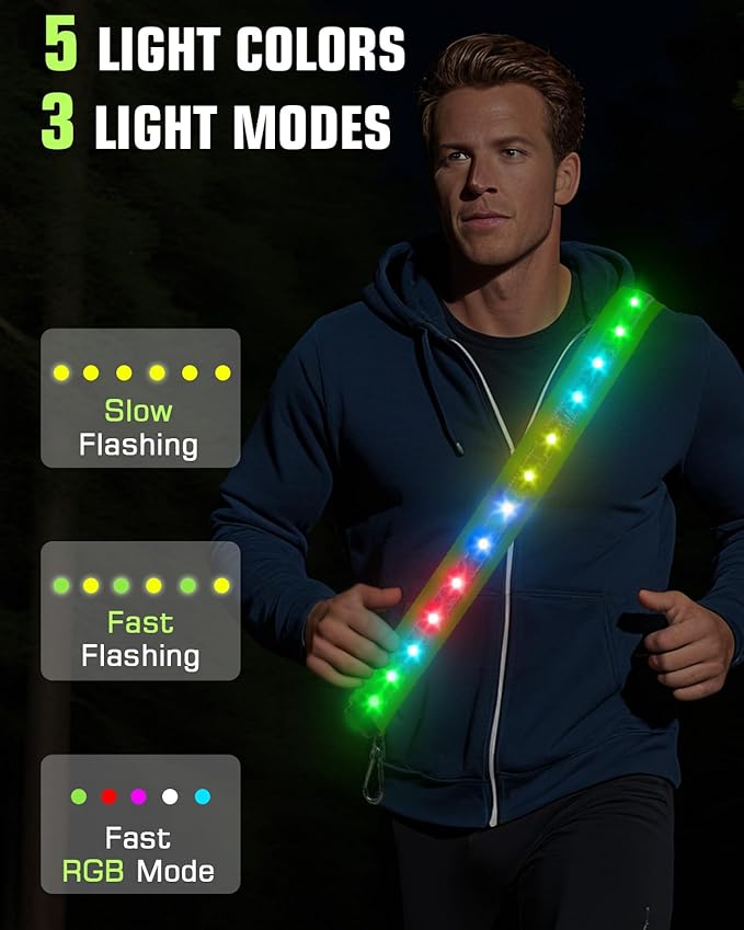 Zacro LED Reflective Sash Light Up Vest for Night Walking with 5 Colors & 3 Light Modes, Rechargeable High Visibility Neon Safety Gear for Men Women Dog Walking