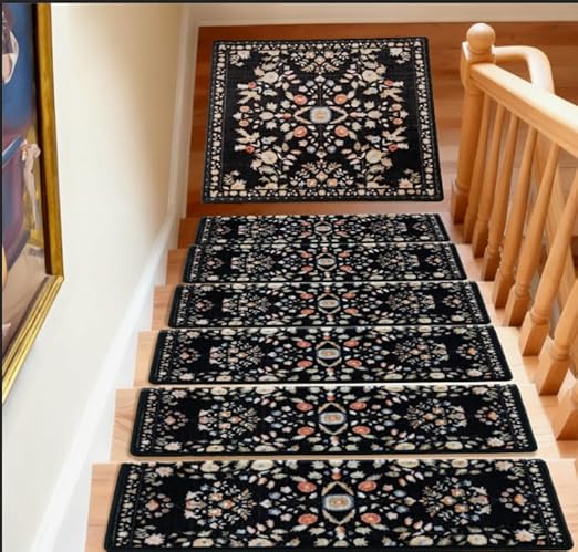 RORA Stair Treads Landing Mat Non-Slip Stair Treads Matching Mat for Wooden Steps Indoor,Bullnose Carpet Stair Floral Stair Rugs Washable Stair Carpet for Pets,30"x30",Black,1pcs