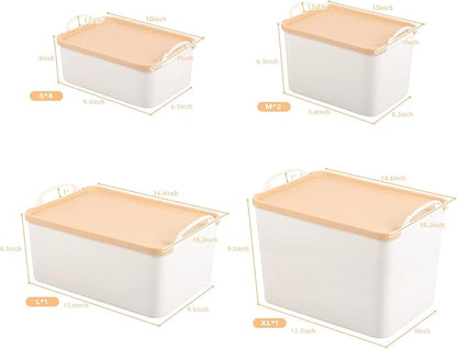 ANMINY 8PCS All-in-One Lidded Plastic Storage Bins Set White Desk Basket Box Drawer Organizer Kitchen Food Container with Handles Removable Lids Decorative Clothes Laundry Closet Cabinet Shelf Cube