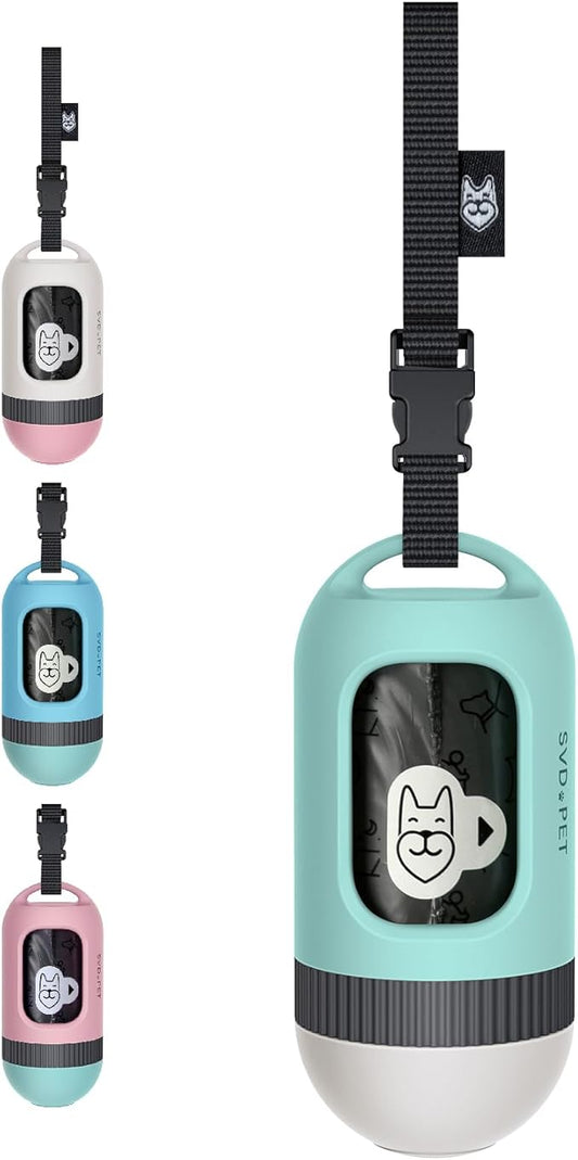 SVD.PET Dog Poop Bag Dispenser, Retractable Dog Waste Bag Holder for Leash, Pet Poop Bag Holder with 15 Bags, Dog Walking Accessory (Jade/White)