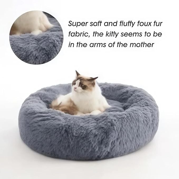 SALAN Calming Dog Bed for Small Dogs & Indoor Cats, 20 Inch Donut Pet Bed, Washable Round Fluffy Plush Faux Fur Cushion with Raised Rim & Anti-Slip Bottom, Soft Cozy Bed Fits Pets Up to 25 lbs (Gray)