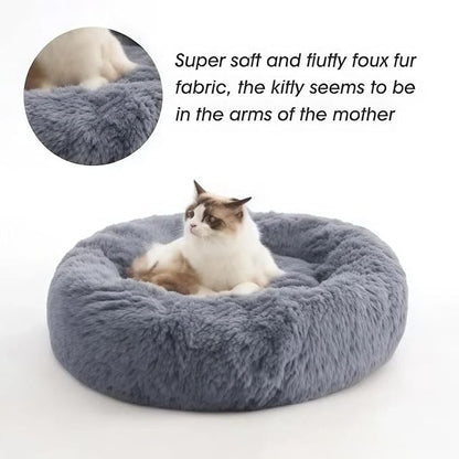 SALAN Calming Dog Bed for Small Dogs & Indoor Cats, 20 Inch Donut Pet Bed, Washable Round Fluffy Plush Faux Fur Cushion with Raised Rim & Anti-Slip Bottom, Soft Cozy Bed Fits Pets Up to 25 lbs (Gray)
