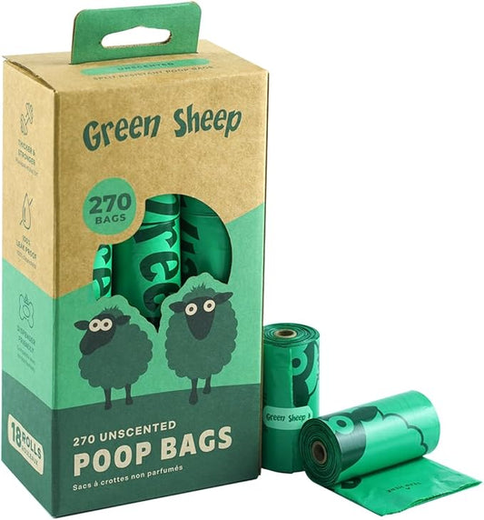 Green Sheep Dog Poop Bags, 65% GRS Certified Recycled PE, Unscented Dog Waste Bags, 270 Count Rolls for Dogs & Cats, Litter Bags for Pet Waste Disposal
