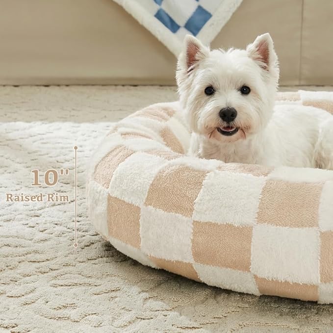 Checkered Dog Bed, Cute Beige Khaki Retro Style Aesthetic Round Warming Pet Calming Beds for Small Dog and Cats, Plush Cozy Donut Dog Beds Washable, 30" L x 30" W x 8" Th