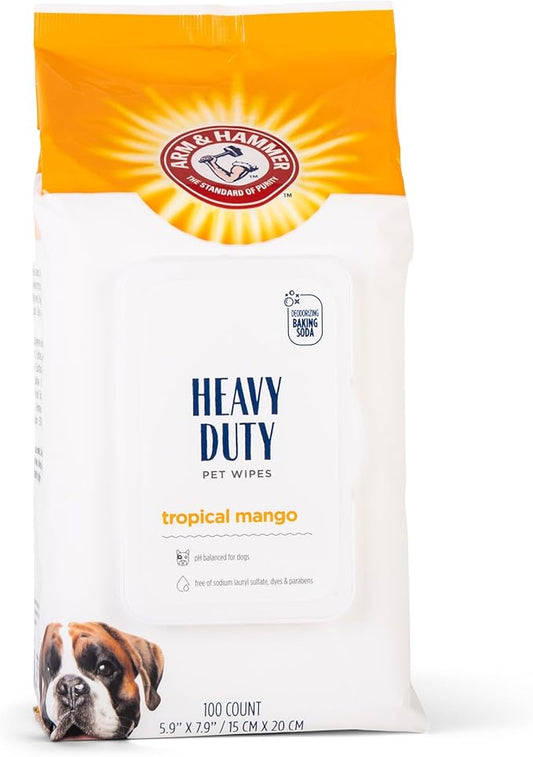 Arm & Hammer for Pets Heavy Duty Multipurpose Dog Wipes, Paw and Butt Wipes for Dogs to Help Clean Deodorize and Freshen Coat and Skin Between Baths, Mango Scent, 100 Count - 12 Pack