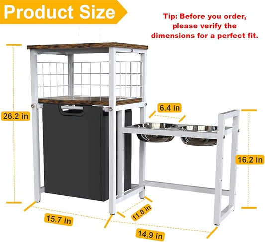 30.6Long x 26.2 High Elevated Dog Bowl Stand with Pet Food Storage Organizer, Adjustable Raised Feeding Station with Toy Basket for Large Medium Small Dogs and Cats, White